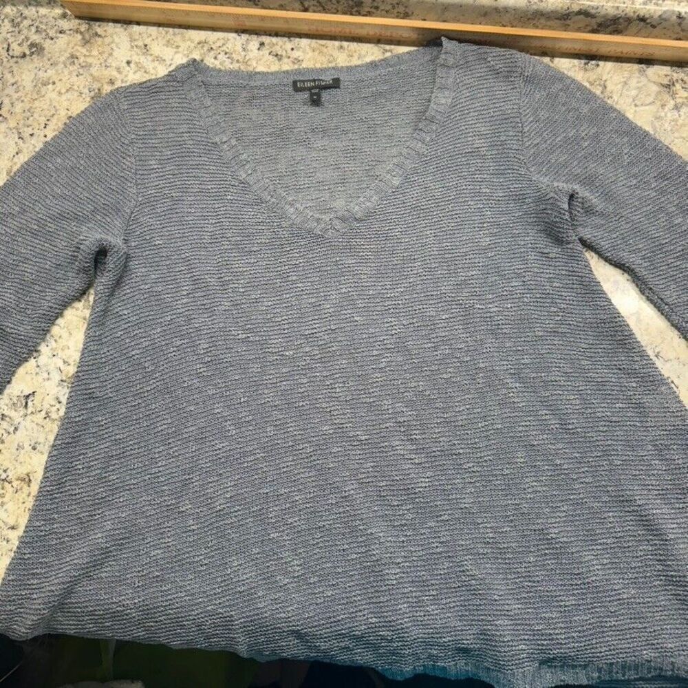 Eileen Fisher Sweater Gray Size M Linen Blend V Neck Pullover Loose Knit